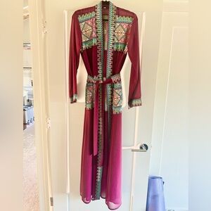 Elegant Embroidered Burgundy Cotton Crepe Kimono Kaftan from Turkey
